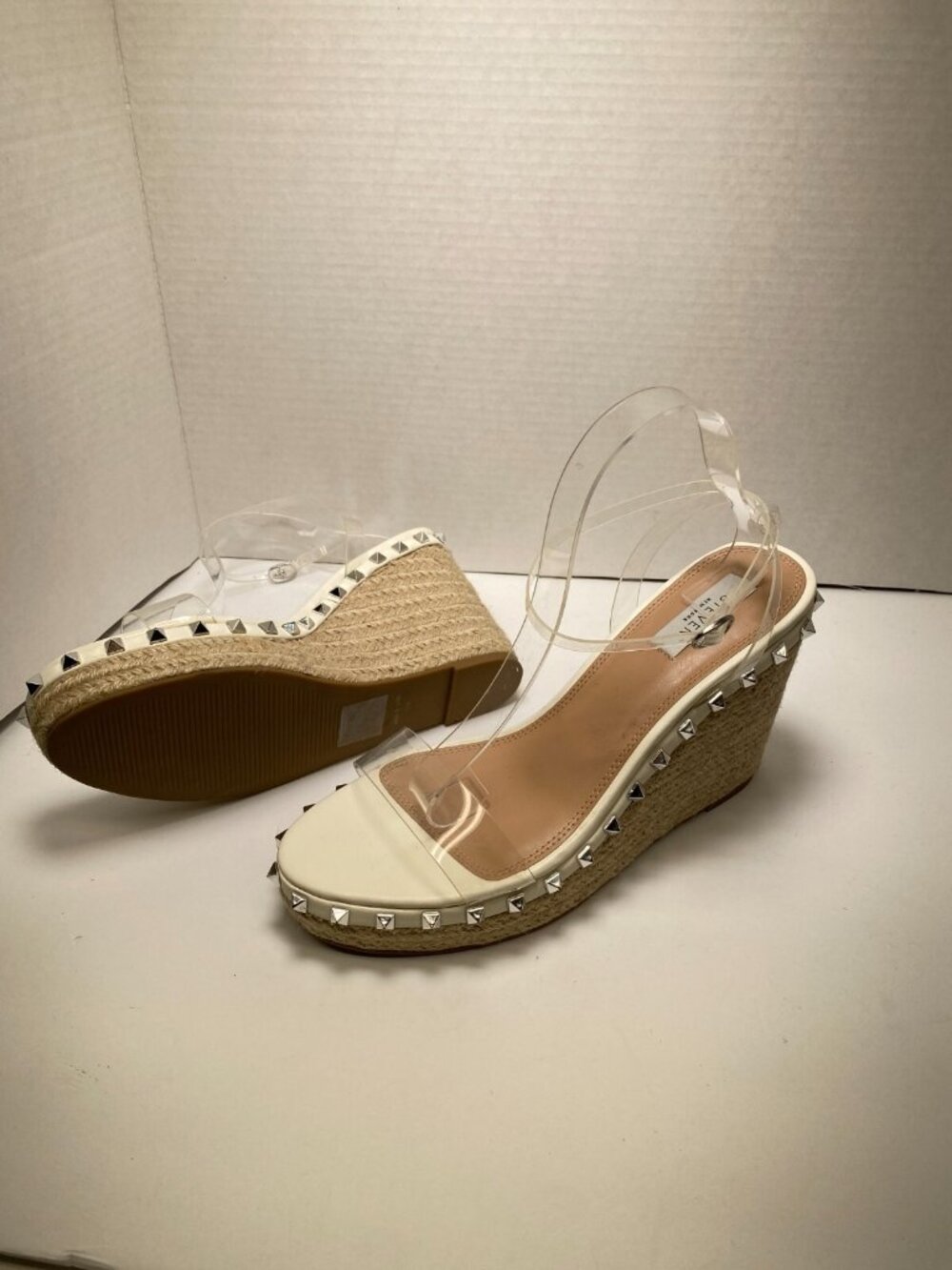 STEVEN NEW YORK Women's Shells Studded Espadrille Wedge Sandal In Clear Sz 11m